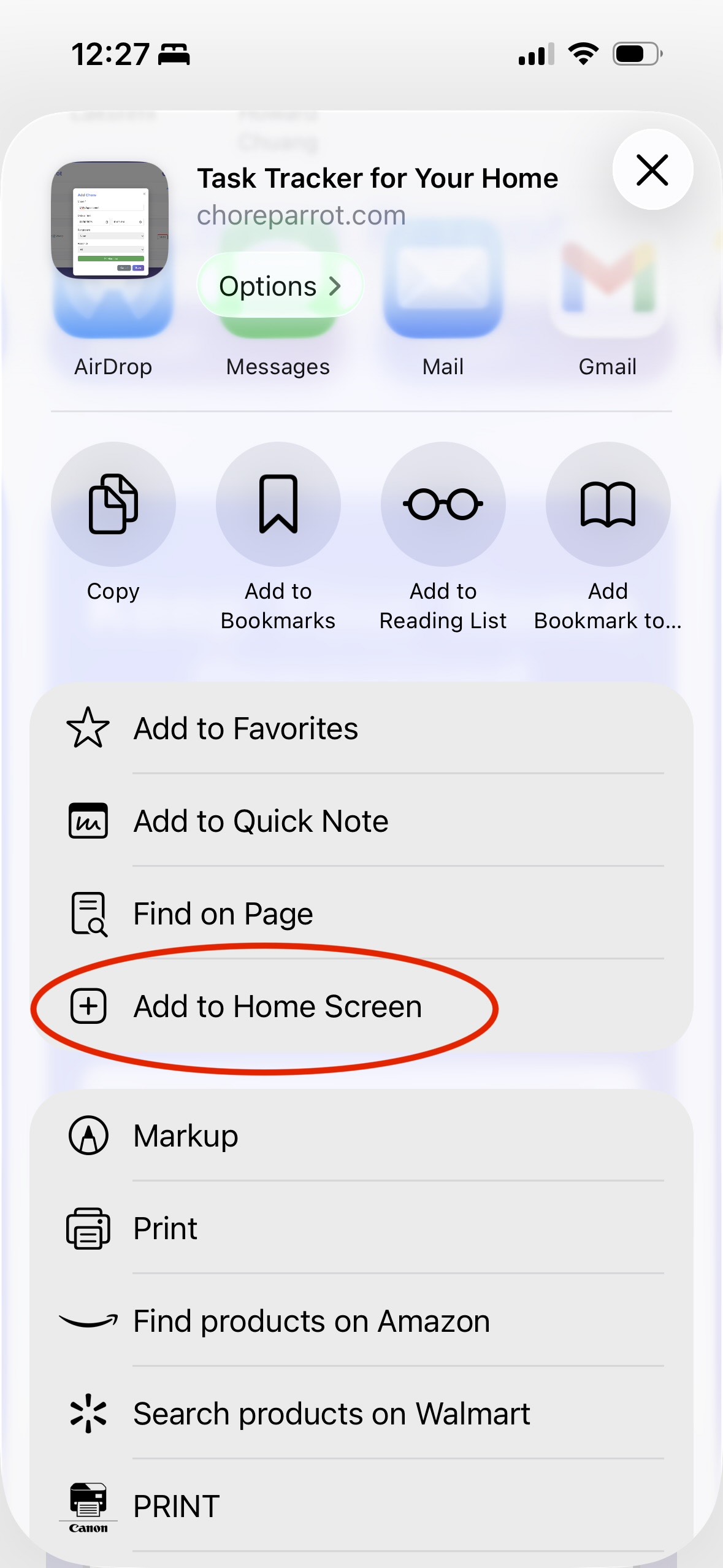 Add to Home Screen option